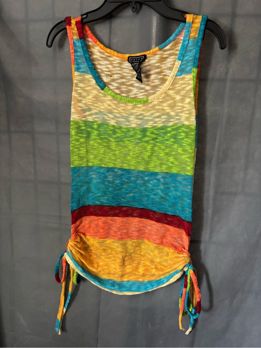 Voice S Multicolor Rainbow-Striped Burnout Sheer Tank Top Drawstring Tie at hem